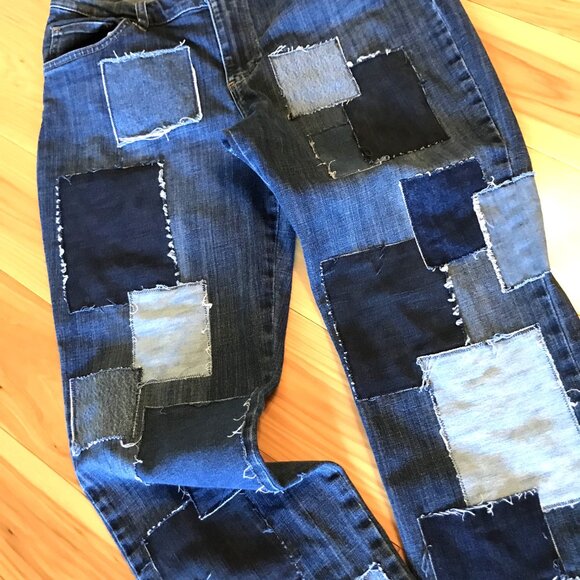 Upcycled Patchwork Jeans: Denim on Denim Patched Boho Hippie Jeans, Size 12M - Picture 12 of 13